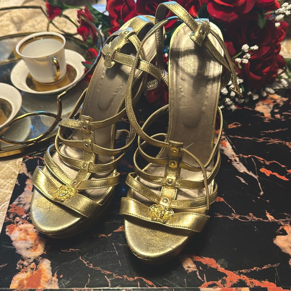 Golden Medusa Versace Platform Strappy Sandal Heels